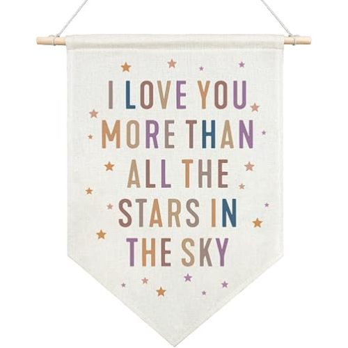 AGMDESIGN I Love You More Than All The Stars In The Sky Canvas Hanging Pennant Flag Banner, Nursery Decor, Home Kids Room Bedroom Playroom Flag Decor, Inspirational Birthday Gifts for Daughter