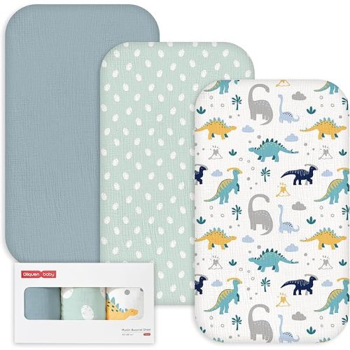 Gllquen Baby 3-Pack Muslin Cotton Bassinet Sheets, 33"x20" Fitted Crib Sheets for Bedside Sleeper & Travel Crib, Oeko-TEX Certified Soft Breathable Sheets, Easy On/Off (Leafy Green)