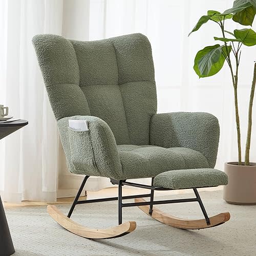 ETCZOYE Nursery Rocking Chair Teddy Upholstered Glider Rocker with Footrest Accent Chair with High Backrest Armchair Comfy Side Pocket Chair for Living Room, Bedroom, Offices (Large Green)