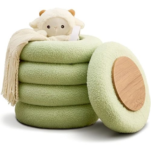 Wimarsbon Round Storage Ottoman, Modern Sherpa Footstool, Teddy Vanity Stool with Flip-Top Tray, Makeup Chair for Home Decor, Upholstered Footrest for Living Room & Bedroom (Green S)