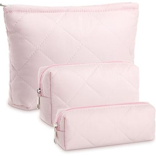 Paterr 3 Pcs Quilted Makeup Bag Set Valentines Gift Pouch Bridesmaid Small Cosmetics Bag Aesthetic Travel Toiletry Pouch Cute Purse Pencil Case Makeup Storage Organizer for Women(Cotton,Pink)