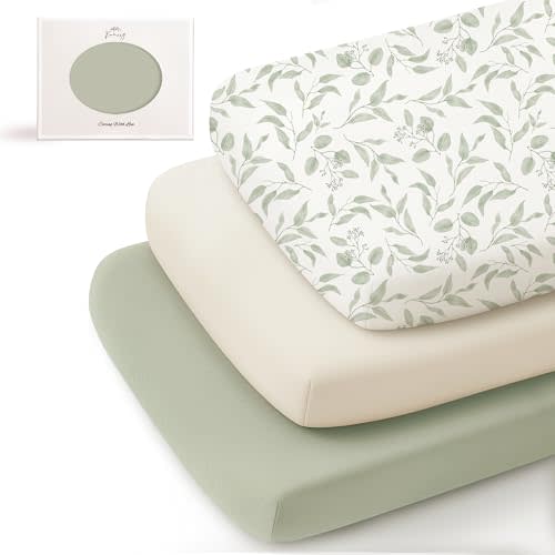 Konssy 3 Pack Stretchy Bassinet Sheets for Baby Girl Boy, Soft Breathable Baby Bassinet Mattress Sheets Fit for Hourglass Oval Cradle, Moses Basket Rectangle Mattress (Green Leaves)