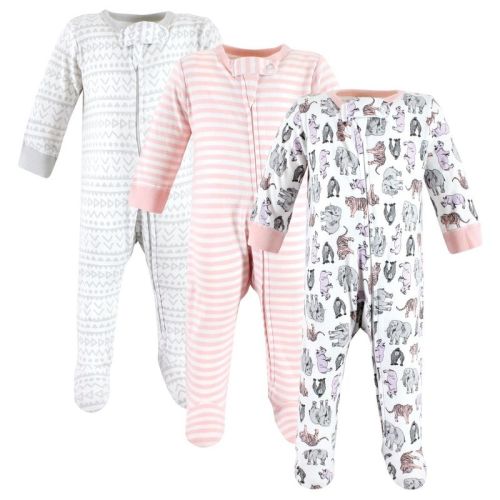 Touched by Nature Infant Girl Organic Cotton Sleep and Play, Girl Endangered Safari, 0-3 Months
