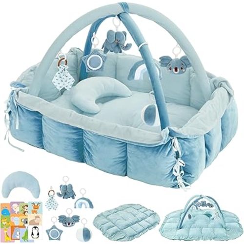 5-in-1 Baby Play Gym and Tummy Time Mat, Tummy Time Pillow & 12 Learning Cards, Plush Activity Mat with 6 Toys, Baby Gym, Convertible to Ball Pit, Baby Gift, Blue
