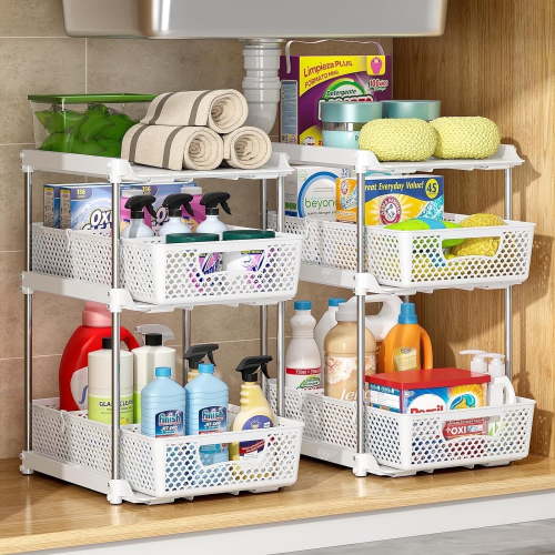 TAIMASI Pull-Out 3 Tier Bathroom Organizers and Storage, Under Sink Organizer, Kitchen Cabinet Organizer White, 2 (Count)