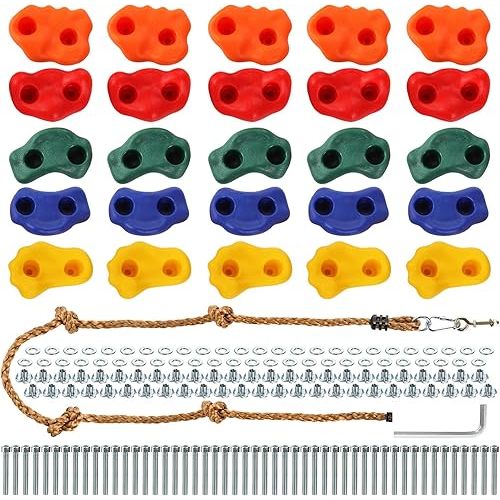 ZENFUN 25 Packs Rock Climbing Holds for Kids and Adults, Indoor & Outdoor Rock Wall Climbing Kit, Multi-Colored Climbing Rock Wall Grips with Mounting Hardware, Knotted Rope and 25 Handles