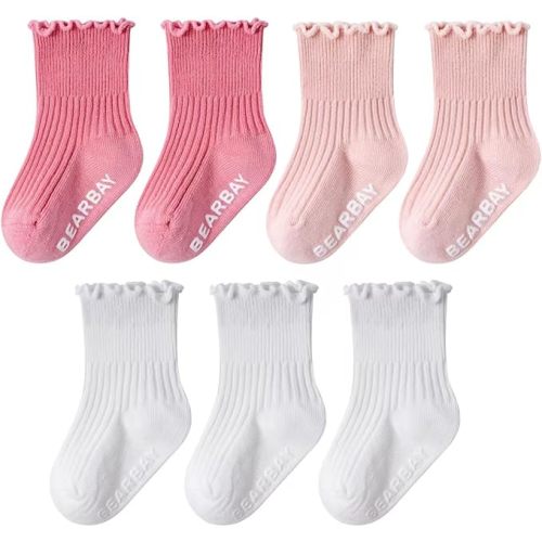 Bearbay 7 Pairs Baby Socks Girls Ruffle Grip Socks Non-Slip - Cute Cotton Ankle Walking Socks