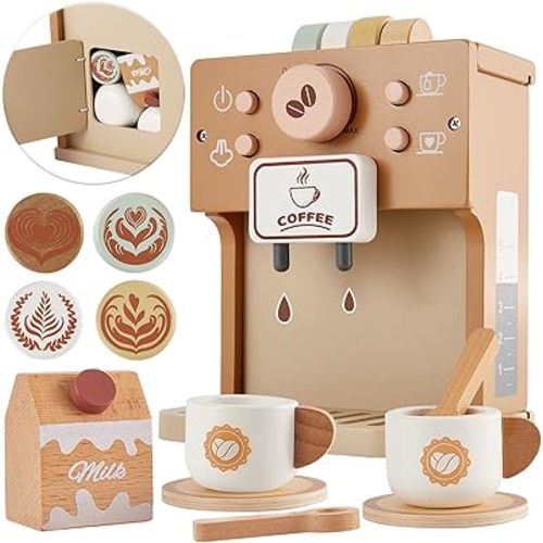 BUYGER Toy Coffee Maker for Kids, Wooden Coffee Playset Pretend Play Kitchen Accessories Gifts for Ages 3 4 5 Year Old Kids Toddler Boys Girls
