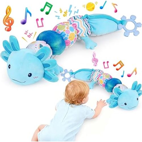 Baby Toys Musical Caterpillar, Infant Baby Stuffed Animals with Crinkle, Rattle, Squeaker & Teether Soft Axolotl Plush Sensory Baby Toy for Tummy Time & Soothing Newborn Gifts