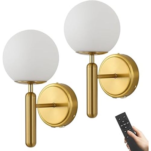 Battery Operated Wall Sconce Set of 2, Gold Rechargeable Wireless Wall Lamp with Milky White Frosted Globe Lampshade and Remote, 5000mAh LED Dimmable Wall Light for Bedroom Living Room Hallway