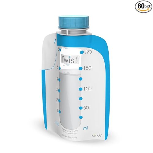 Kiinde Twist Pouch Direct-Pump Direct-Feed Twist Cap Breast Milk Storage Bags for Pumping, Freezing, Heating and Feeding, Pre-Sterilized, 6 Ounce, pack of 80