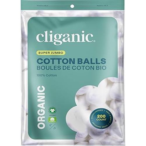 Cliganic Organic Super Jumbo Cotton Balls (200 Count) - Hypoallergenic, Absorbent, Large Size, 100% Pure (Packaging May Vary)