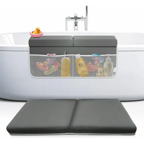 FluffyTub Baby Bath Kneeler and Elbow Rest Pad Set, 2-Inch Thick, Memory Foam, Water-Resistant Mat – Bath Time Essentials Cushion and Bath Kneeling Pad for Bathing Baby with Bathtub Toy Organizer.