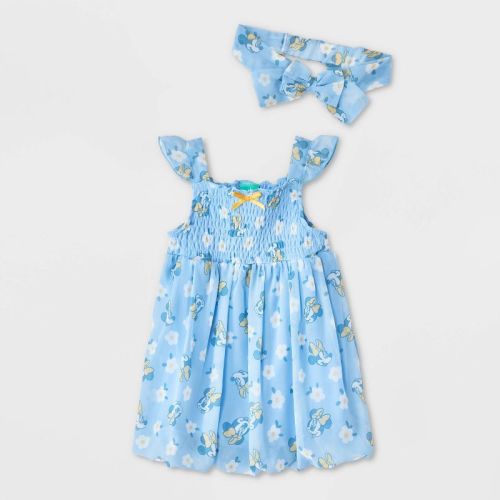 Baby Girls' Disney Minnie Mouse Floral Dressy Romper with Headband Set - Blue 6-9M