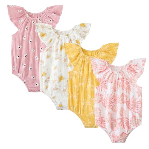 MAMIMAKA Newborn Baby Girl Sleeveless Rompers Ruffle Bodysuits Infant Outfits 4 Pack