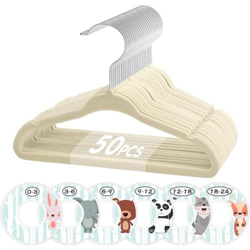 VIS'V Baby Hangers, 11 Inch Velvet Kids Hangers with 6 Pcs Clothes Size Dividers, Infant Toddler Nursery Closet Organization, Non Slip, Beige, 50 Pcs