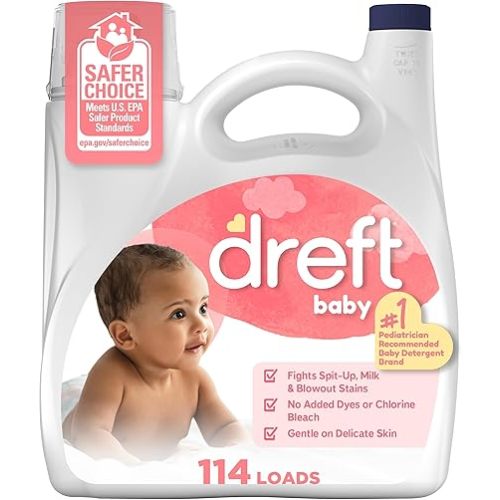 Dreft Stage 1 Newborn Baby Liquid Laundry Detergent, Gentle on Sensitive Skin, HE Compatible, 114 loads