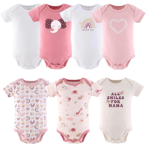 The Peanutshell Baby Girl Short Sleeve Bodysuits - 100% Cotton Infant Outfits, 0-24 Months - Rainbow Safari