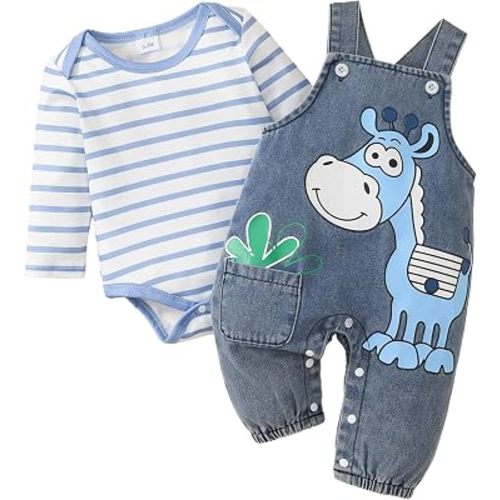 Baby Boy Clothes Fall Winter Outfits Infant Striped Romper Cartoon Denim Overalls Jumpsuit Pants Set