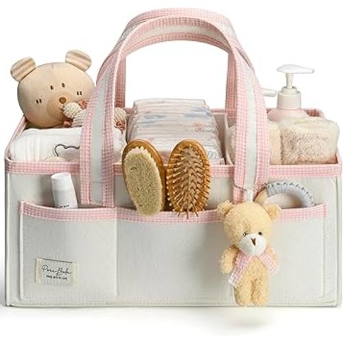 PeraBella Baby Diaper Caddy Organizer with Handle, Baby Shower Gifts Basket, Portable Felt Changing Table Caddy, Nursery Storage Basket Bin, Newborn Boy and Girl Essentials, Car Diaper Organizer