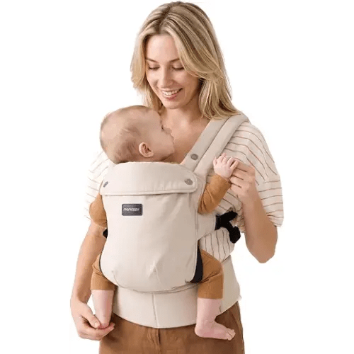 Momcozy PureHug Baby Carrier - Ergonomic, Cozy and Lightweight for 7-45 lbs | Easy to Put On for Baby 3-24M, Hip-Healthy, 3D EVA Lumbar Support, X-Straps for Even Weight Distribution, 100% Cotton, Khaki