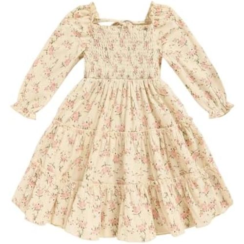 Toddler Girl Dress Long Sleeve Baby Floral Smocked Square Neck Playwear Dress | Spring Fall Casual Dresses 1-6Y