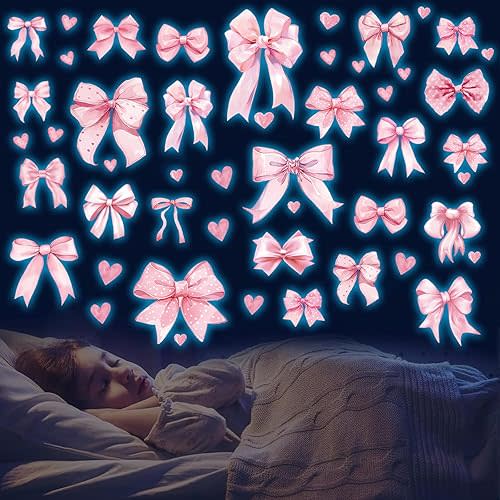 Glow in The Dark Pink Bow Wall Stickers Glowing Luminous Light Pink Bow Knot Wall Decals Watercolor Coquette Wall Art Decor Bow Wallpaper for Nursery Kindergarten Girls Bedroom
