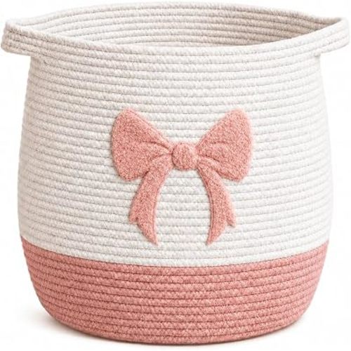 Baby Laundry Basket, Toy Storage Basket for Kids, Large Nursery Storage Basket with Pink Bow Design, Cotton Rope Organizer Bin with Handles for Toys, Blankets, Clothes and Baby Essentials