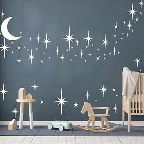 Stars and Moon Wall Decal Star Decals for Walls Nursery Wall Decal White Stick on Stars Vinyl Walls Stars Sticker Removable Peel and Stick Vinyl Stickers for Kids Girls Bedroom