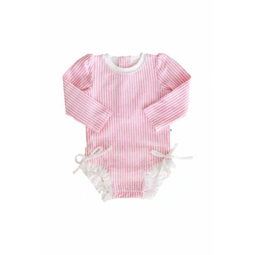 Long Sleeve Rash Guard with Ruffle Bottom | Seersucker Dusty Pink
