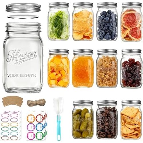 Mason Jars 32 oz,12 Pack Large Wide Mouth Mason Jar with Airtight Lids and Bands|Quart Glass Canning Jars for Pickling, Fermenting and Food Storage Microwave&Dishwasher Safe (12pack)