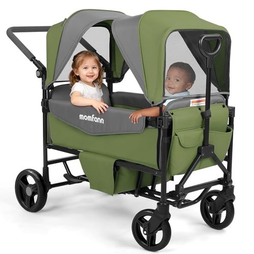 Stroller Wagon for 2 Kids,Foldable Wagon Stroller with Canopy,All-Terrain Parent Organizer, Adjustable Handle & Pull Bar for Infants and Toddlers, Meadow Green