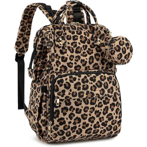 Corduroy Diaper Bag Backpack, Large Capacity Multifunction Baby Diaper Bags for Women, Insulated Bottle Pockets & Pacifier Case, Stylish Travel Nappy Changing Bags for Mom Dad (Leopard Brown)
