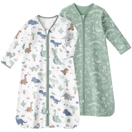 Baby Sleep Sack 12-18 Months, Long Sleeve Baby Wearable Blanket 0.5 Tog with Mittens, 2-Way Zipper Toddler Cotton Sleeping Sack for Boy and Girl Green Dinosaur 2 Pack(Large)