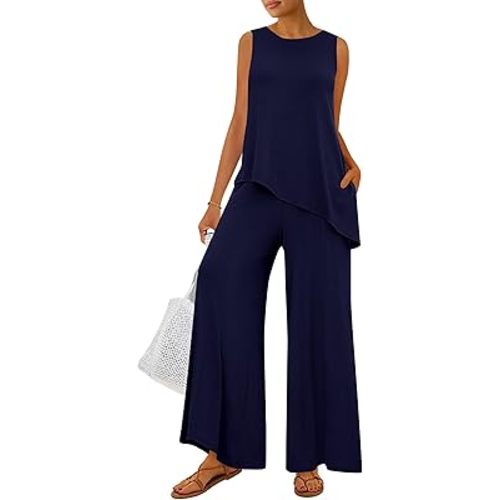 PRETTYGARDEN Women's 2026 Two Piece Matching Lounge Sets Asymmetrical Split Tank Tops Wide Leg Pants Summer Outfits Tracksuit