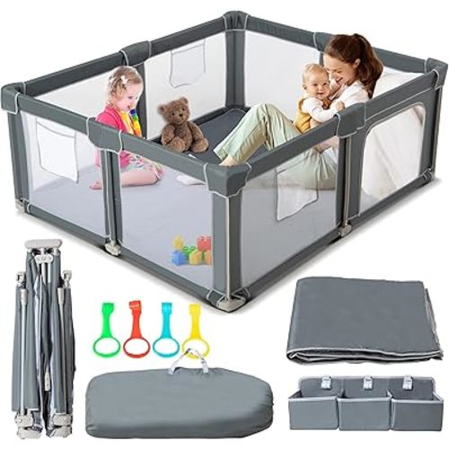 Foldable Baby Playpen 59"x71" with Mat, Portable Play Yard