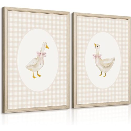 Nursery Goose Wall Art Girl Coquette Canvas Wall Decor Baby Room Wall Art Pink Bow Pictures Vintage Prints Duck Gingham Poster Girl Nursery Painting for Bedroom Living Room 12x16x2 Inch Wood Framed