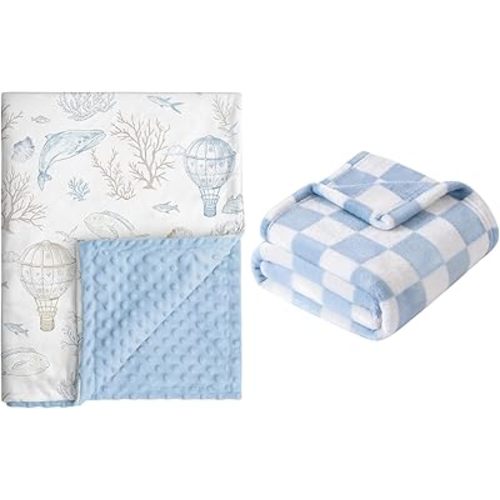 Soft Throw Blanket for Baby - Ultra Cozy Fluffy Checkered Fleece, Crib & Stroller Receiving Blanket for Newborn Infant Toddler Boys (Sea Life/Checkered)