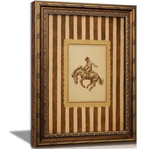 Vintage Gold Framed Western Cowboy Wall Art Rustic Rodeo Bronco Rider Painting Canvas Prints Country Equestrian Horse Stripes Picture Poster Farmhouse Artwork for Man Cave Living Room Bedroom
