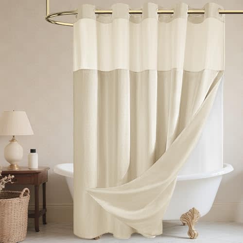 WONICY No Hook Shower Curtain and Liner, Linen-Look Polyester Textured Shower Curtain with Snap in Liner, Waterproof & Washable Bath Curtains for Bathroom, 71Wx74H - Beige/Cream