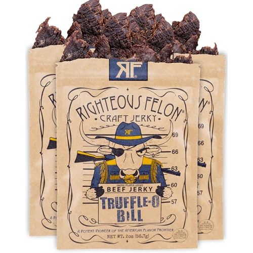 Righteous Felon Beef Jerky - Truffle-O-Soldier Flavor - All-Natural Jerky - Locally Sourced & Dried Beef Jerky - Low-Sugar, High-Protein, Healthy Snacks - 2 Ounces, Pack of 3