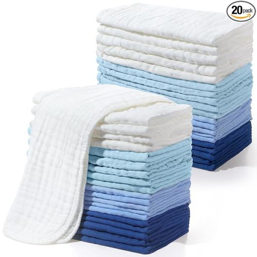 Buryeah Muslin 20 Pcs Burp Cloths Large 20" x 10" 100% Cotton 6 Layers Ultra Absorbent and Soft Hand Washcloths for Baby Drool and Messes Gentle Burp Cloth for Boys & Girls(Cool Colors)