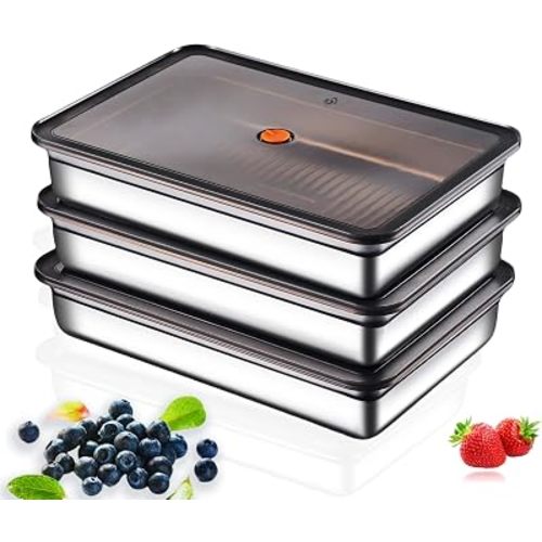 Stainless Steel Food Storage Containers, Silver, Airtight with Vacuum Seal, Stackable Rectangular, 3-Piece Set, BPA-Free Lids, for Meal Prep and Leftovers Storage (deep - 3.3'' Height)