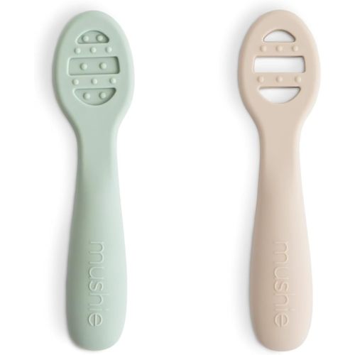 mushie Silicone First Feeding Baby Spoons | 2 Pack (Cambridge Blue/Shifting Sand)