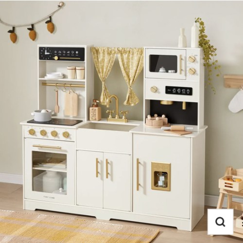 Tiny Land® Iconic Wooden Play Kitchen – Cream Pretend Cooking Set for Kids