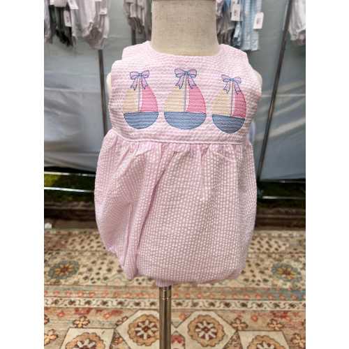 Seersucker Sailboat Bubble embroidered baby girl & boy summer outfit seersucker coastal design