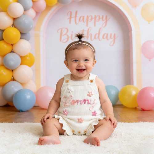 Hand-Embroidered Name Knit Romper, Custom Baby Girl's Ruffle Romper, Baby Announcement Outfit, Cake Smash Outfit, First Birthday Gift