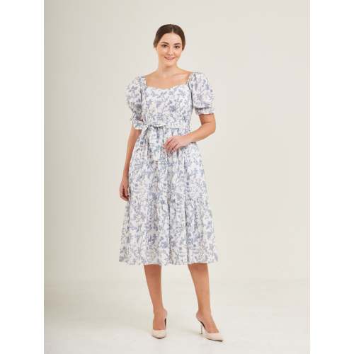 Ann Midi Dress with Nursing Zippers in Blue Toile Butterfly