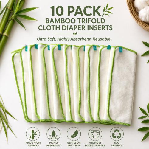 10 Pack Bamboo Trifold Inserts for Pocket diapers– Soft & Absorbent, Reusable