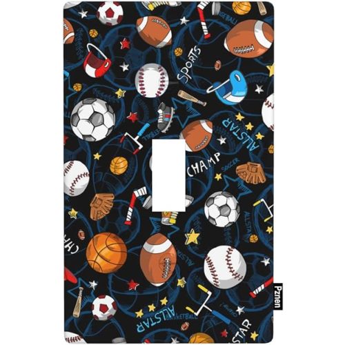 Sports Light Switch Cover Collection Football Soccer Baseball Basketball Fun Sports Design Blue Single Toggle Wall Plate 1 Gang Switchplate 4.5"x 2.76" for Men Teen Boys
